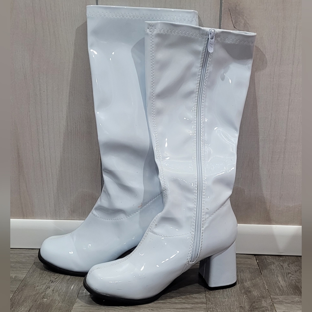 Dolls Kill White Patent Mid-Calf Block Heel Boots